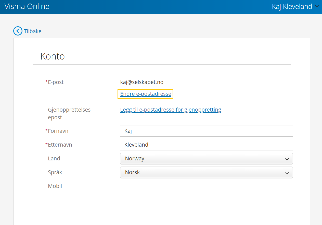 Hvordan endre navn eller epost på brukeren min eAccounting